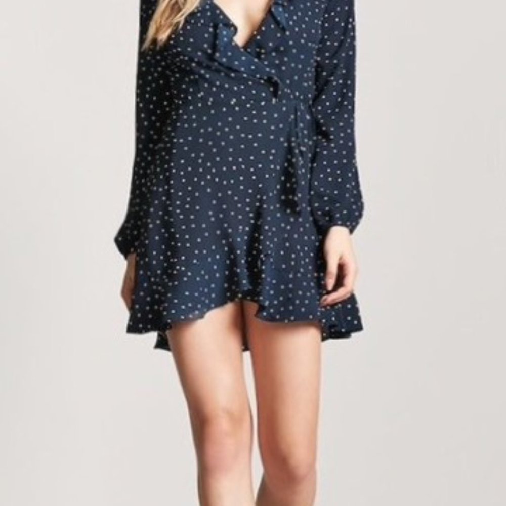 Forever 21 Long Sleeve Polka Dot Wrap Dress Navy